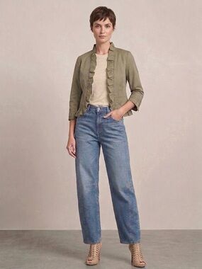 Talbots Olive Green Cotton 3/4 Sleeve Jacket Ruffle Feminine Utility Chic Sz 6